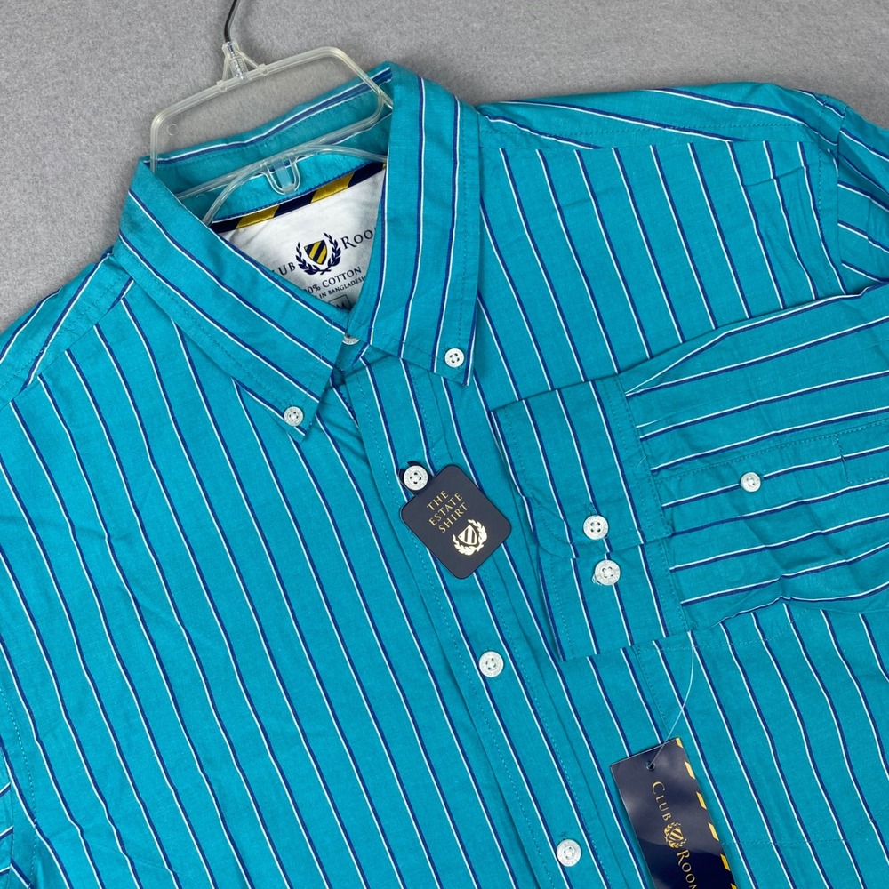Club Room Mens Estate Shirt Turquoise Blue Striped Button Down Cotton Medium NEW